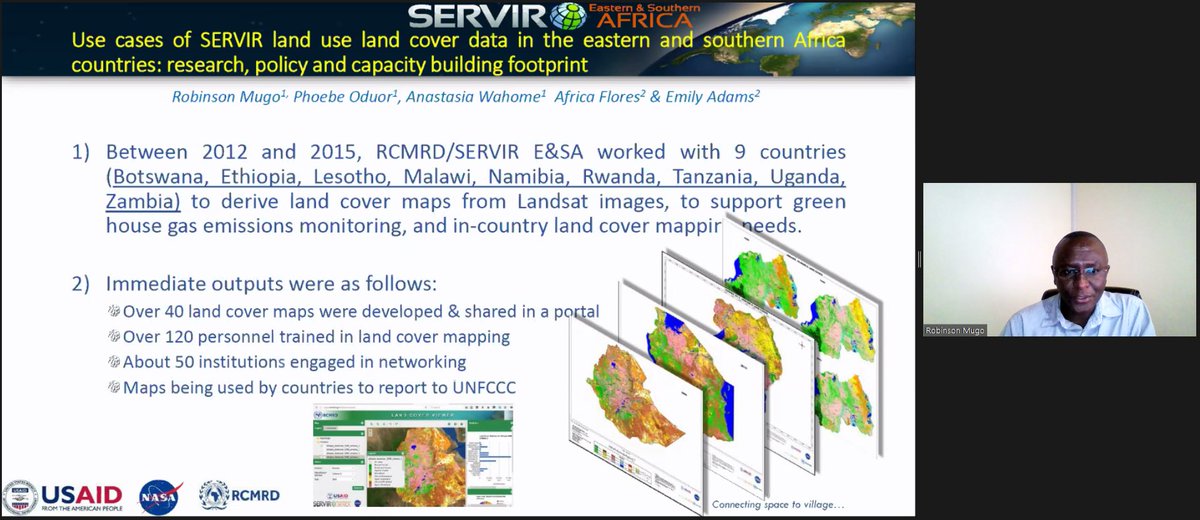  #AGU20: Our friend and colleague Dr.  @MugoRobin of  @RCMRD_ and  @SERVIRGlobal Earthern & Southern Africa is now presenting on their work doing  #CapacityBuilding in  #LandCover monitoring. For his full video presentation, see:  https://agu.confex.com/agu/fm20/meetingapp.cgi/Paper/704917. https://twitter.com/BZgeo/status/1336128873717780480