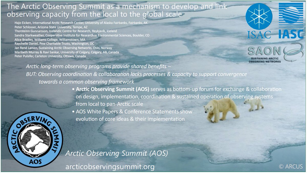  #AGU20: Lastly, Dr. Hajo Eicken of  @UAFairbanks is now rounding out the presentations with his talk on "the Arctic Observing Summit as a mechanism to develop and link observing capacity from the local to the global scale." See:  https://agu.confex.com/agu/fm20/meetingapp.cgi/Paper/715733 https://twitter.com/BZgeo/status/1336129551425024001