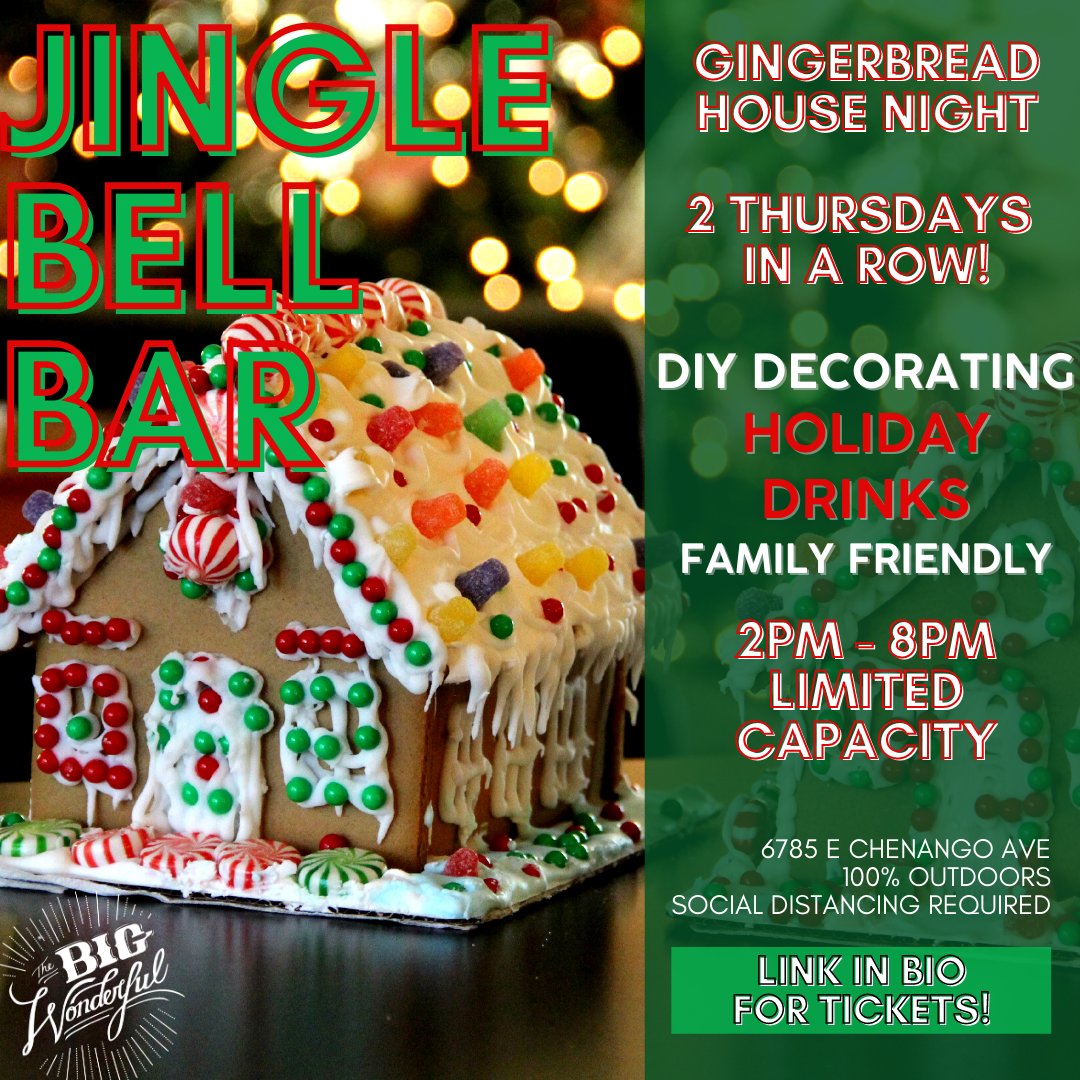 thebigwonderful's tweet image. Social Distance, Sip on Holiday Cocktails &amp;amp; decorate a Gingerbread House at the Jingle Bell Bar this Thursday + next Thursday! 

Very limited tables are available for purchase here: bit.ly/JingleBellGing…