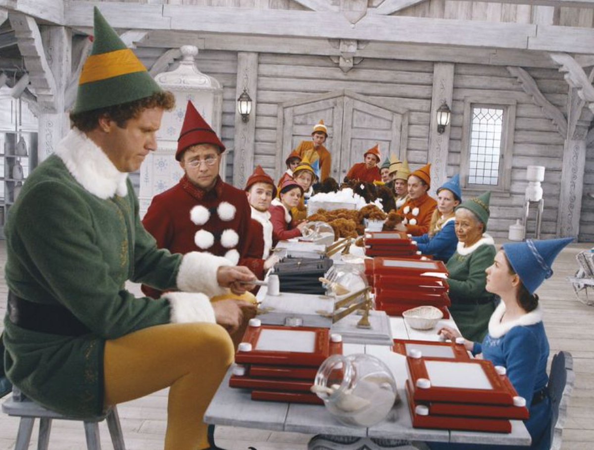 The elves’ costumes were inspired by those worn by Hermey and his peers in ‘Rudolph the Red-Nosed Reindeer.’  #Elf  #MFMovieMonday