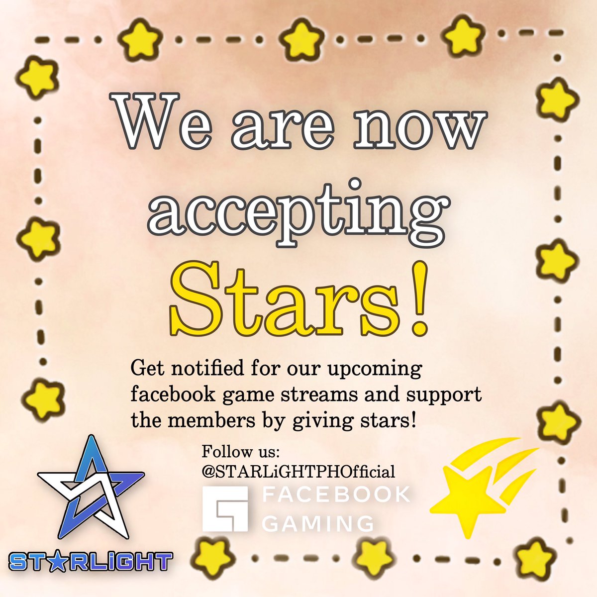 STRLGHT_Opisyal's tweet photo. Good news, Starlaxy! You can now send stars to our Facebook Livestreams starting from today! Stay tuned to our weekly gaming & other live contents in our Facebook page so like and follow us there → https://t.co/ll118u8OYz
#STARLiGHTPH #STARLiGHT2020 https://t.co/wTMsS8PcUW