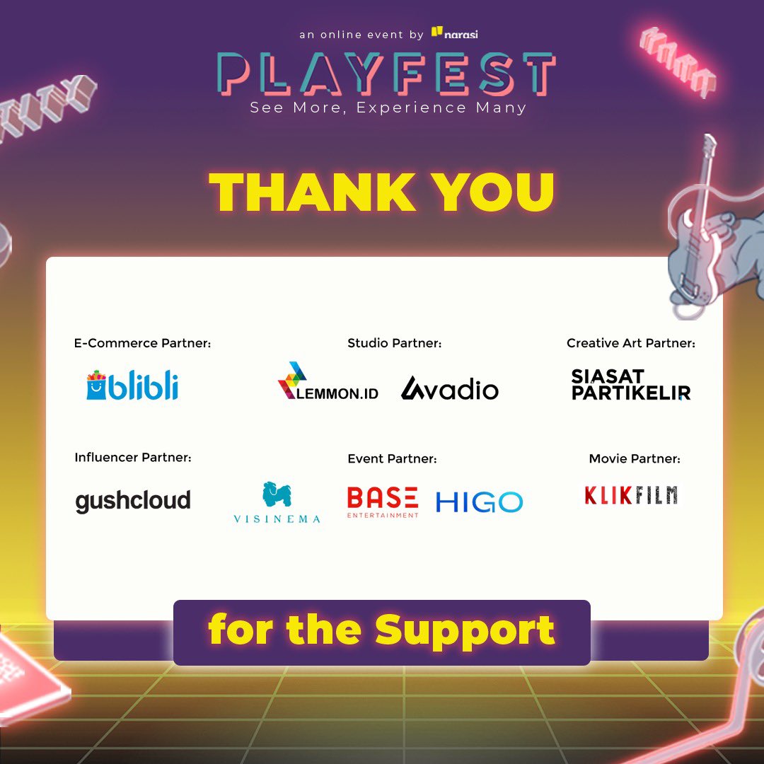 playfestnarasi's tweet image. Thank you, our partners, for supported #Playfest2020!

#MoreVirtualExperience
