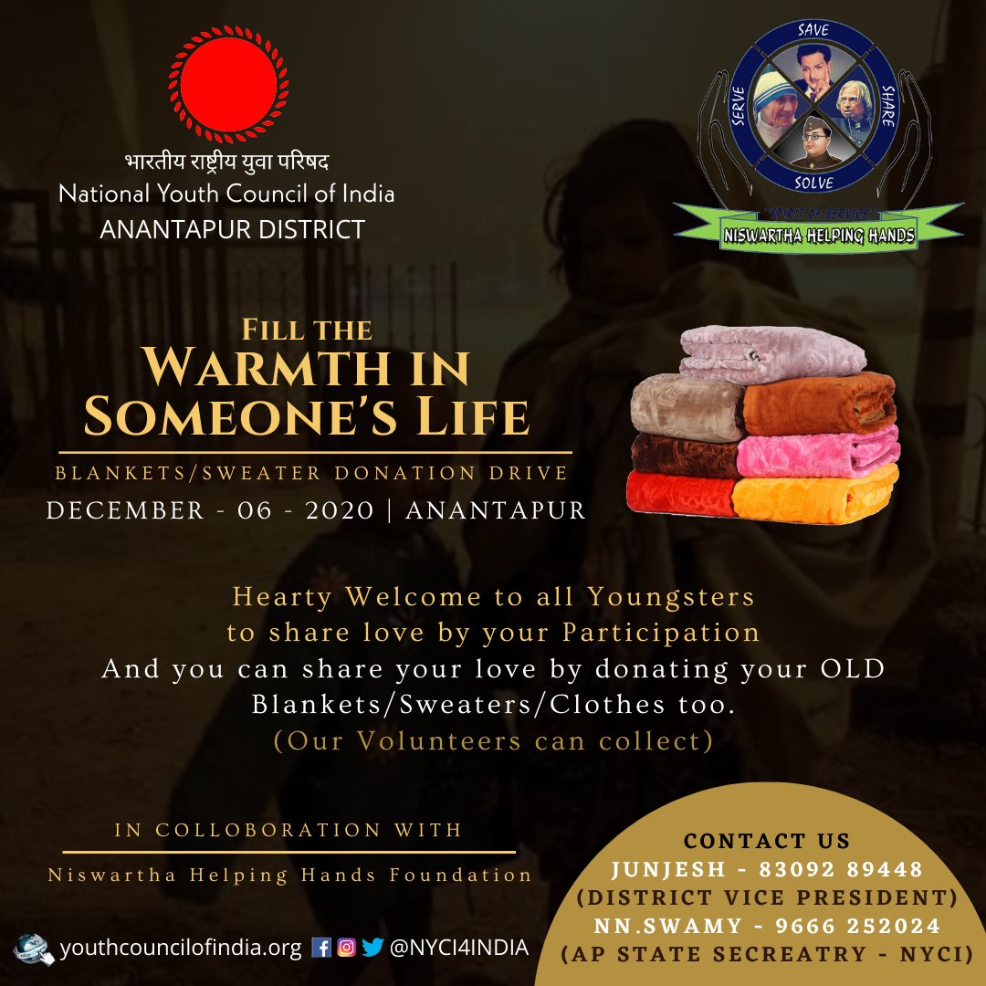 Fill the WARMTH in SOMEONE'S LIFE
#BlanketDrive2020
From NYCI Anantapur District, <a href="/NYCIAndhra/">NYCIAndhra</a>
We Donated upto 50 Blankets for Homeless &amp; needy People.
Great Job Team👏
@NYCI4India <a href="/amarprasadreddy/">APR</a> <a href="/iamdatchana/">DATCHANAMOORTHY RAMU</a> <a href="/GANESHNAGUD/">Ganesh Nag Doddi</a> <a href="/JAYAKRISHNANam3/">JAYAKRISHNA Nambari</a> <a href="/NagarjunK92/">Nagarjun Karnatakam</a> <a href="/RahulKanchi/">Rahul Kanchi</a>