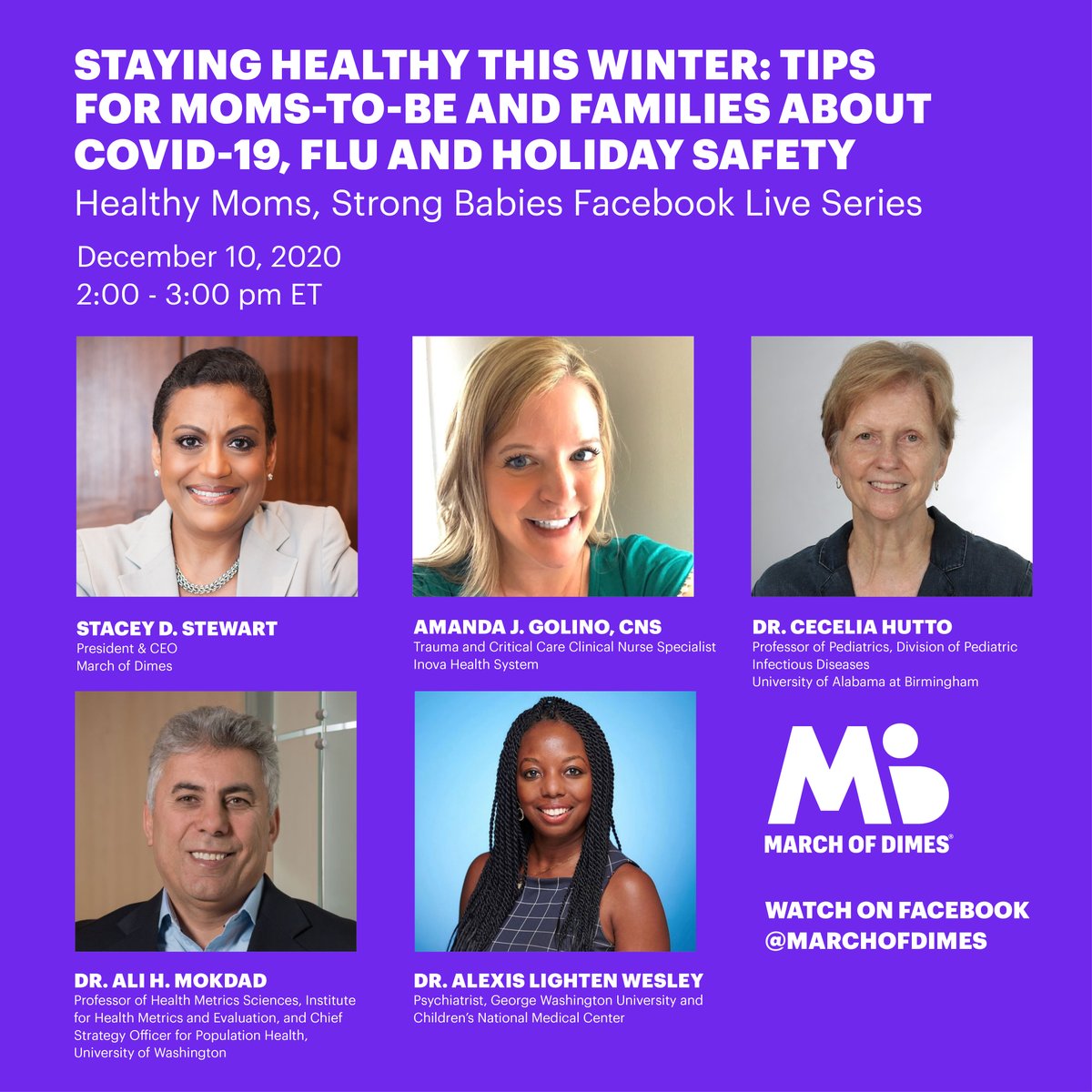 Tune in to March of Dimes Facebook page on Thursday, December 10th at 2pm ET for our last Healthy Moms, Strong Babies Facebook Live event of 2020: “Staying Healthy This Winter: Tips for Moms-to-be and Families about COVID-19, Flu and Holiday Safety”.