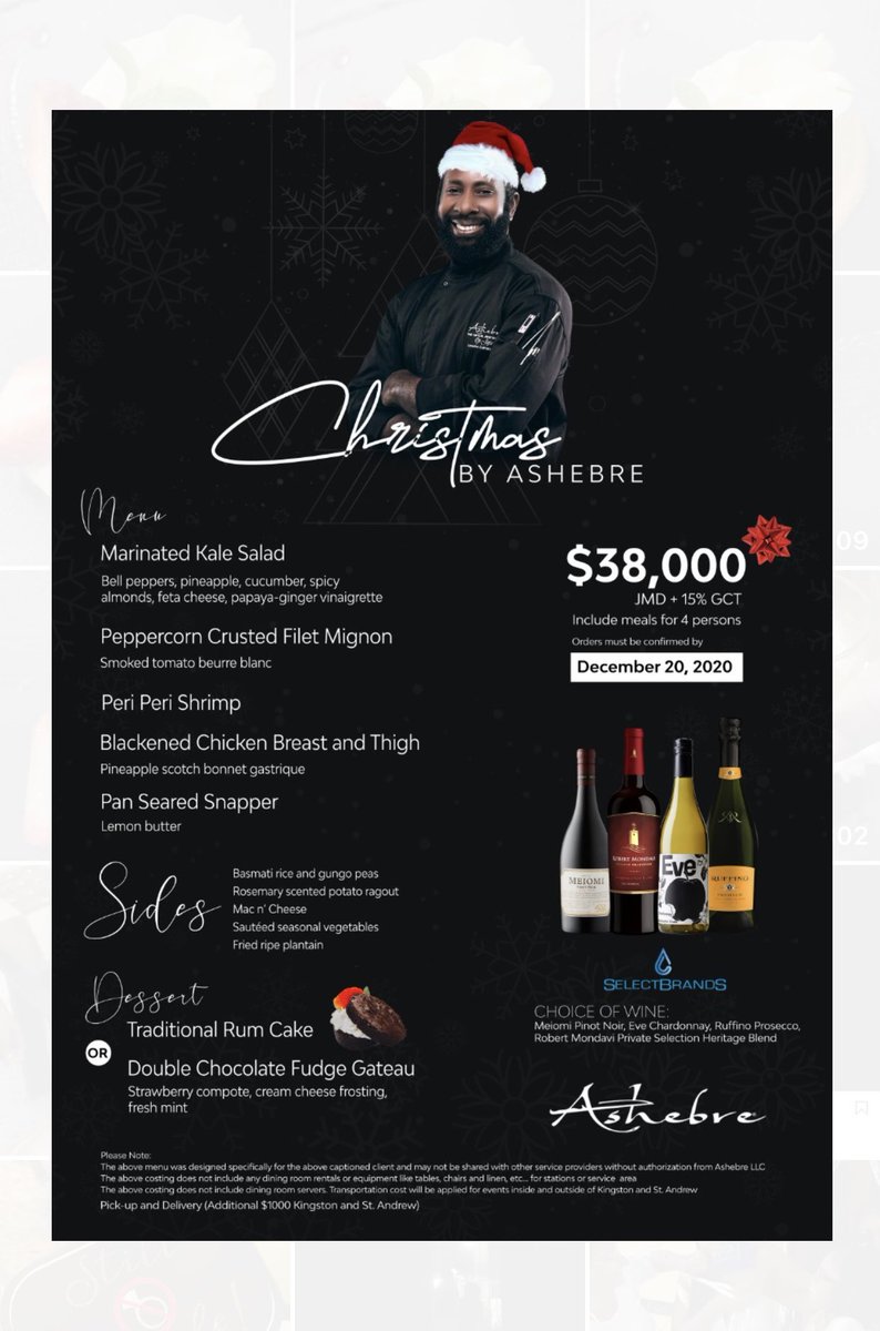 Ashebre (@ashebre) on Twitter photo It’s beginning to a lot like Christmas and our Executive Culinary Artist is spreading the cheer with a specially crafted meal for you and the family.
Order at
876-869-7483
cuisine@ashebre.com
#chefojijaja
#ashebre
#ItsTheMostWonderfulTimeOfTheYear
#christmasinjamaica
#family It’s beginning to a lot like Christmas and our Executive Culinary Artist is spreading the cheer with a specially crafted meal for you and the family.
Order at
876-869-7483
cuisine@ashebre.com
#chefojijaja
#ashebre
#ItsTheMostWonderfulTimeOfTheYear
#christmasinjamaica
#family