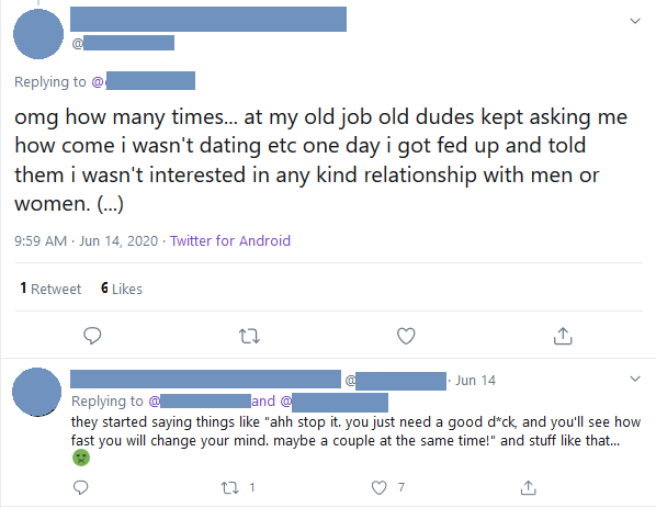 Bosses & coworkers might not know someone's ace & treat them like a fellow cishet, but again, it's not acceptance.If (potential) bosses or coworkers find out, aces might not get hired or treated badly.Landlords are less likely to rent to aces than to heterosexuals.