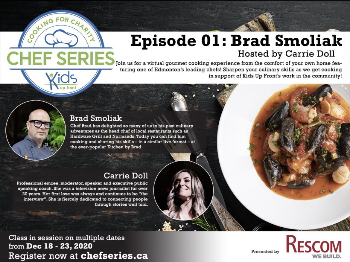 Join @BradSmoliak and @CarrieADoll for @kidsupfrontYEG Chef Series. A fabulous evening of great food and fun while helping a wonderful cause. Go to chefseries.ca to sign up!