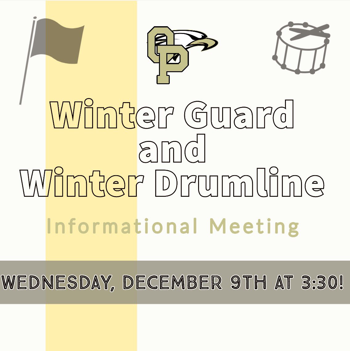 Calling everyone who’s interested in joining Oak Park Winter Guard or Winter Drumline for the 2021 season! We will be holding a zoom meeting this Wednesday, December 9th, at 3:30pm for those who are interested! See you there! Go eagles! 🦅 🥁 🏴