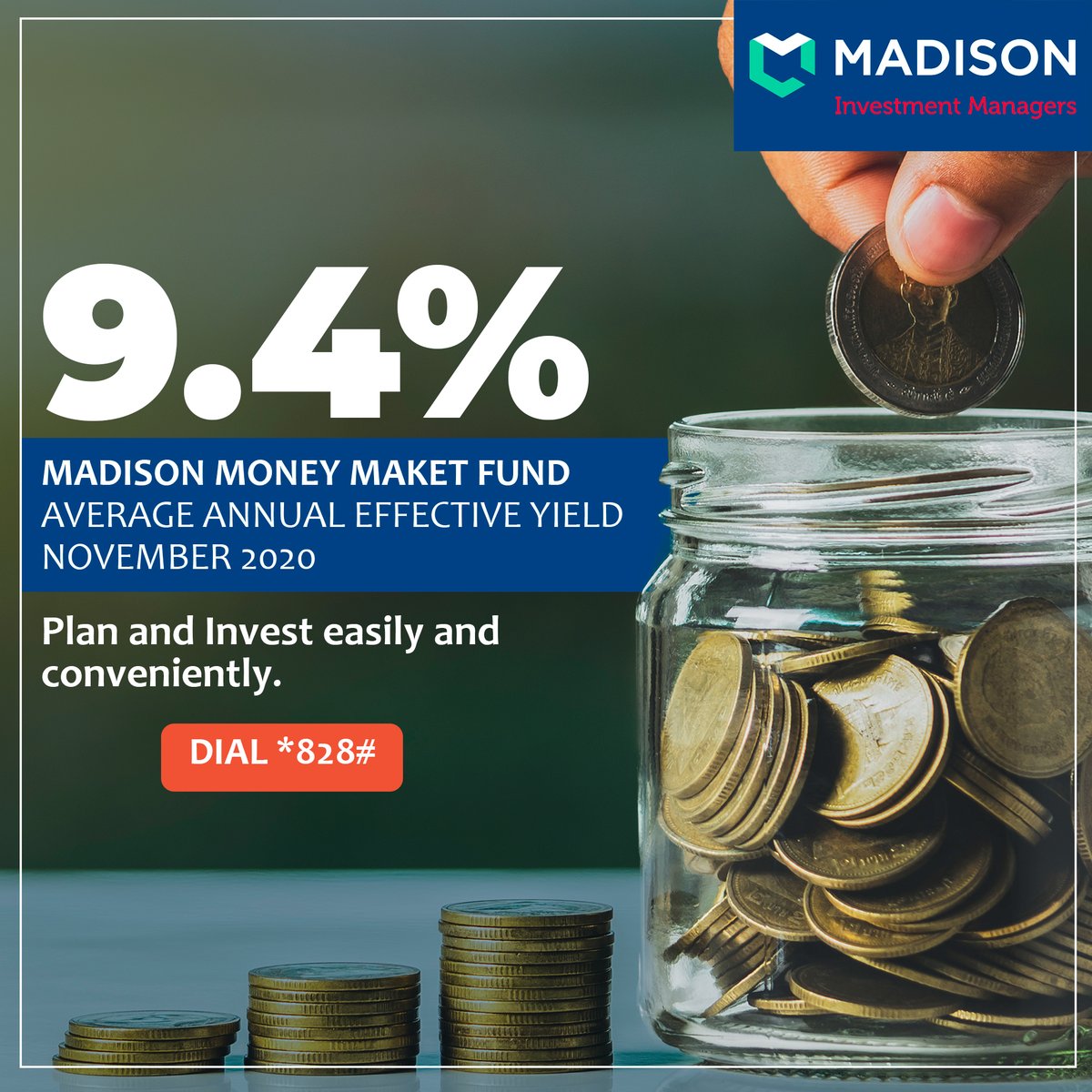 Madison_MIM's tweet photo. The Madison Money Market Fund's Average Annual Effective Yield was 9.4% from 1st - 30th November 2020. You can find our rates published in the Daily Nation and Business Daily from Tuesday to Saturday. For more information call us on +254741135660. https://t.co/YnPm9n99NO