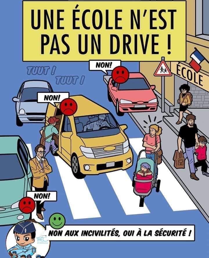 La 1ère solution est toute simple mais rarement appliquée : faire respecter le code de la route aux abords des établissements scolaires…Et oui, une école n’est pas un drive !