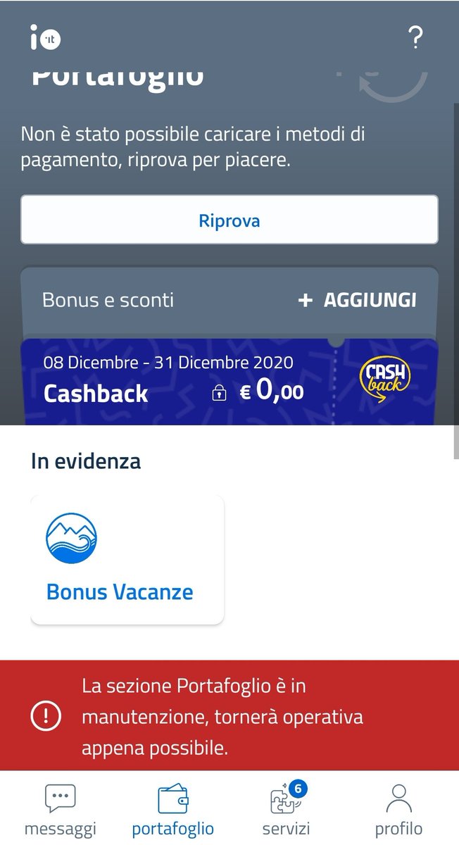 redphoinix's tweet photo. @PagoPA @Palazzo_Chigi @IOitaliait Mi spiegate come si possa DA OGGI partecipare al #cashback di #Natale se da ieri mattina l'app è inutilizzabile e la sezione portafoglio è chiusa per manutenzione? Tra proclami e annunci vi siete persi la parte IT... @repubblica @Corriere https://t.co/dmbdQZaYJC