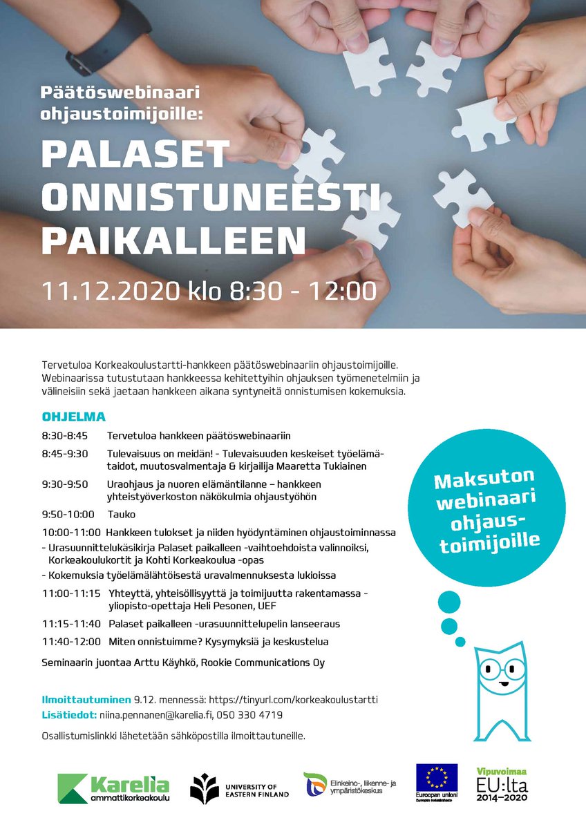 KKStartti's tweet photo. Vielä ehdit ilmoittautua mukaan Palaset onnistuneesti paikalleen -päätöswebinaariimme⏰Tule mukaan jakamaan onnistumisen kokemuksia ja kuulemaan hankkeessa kehitetyistä työvälineistä. Tapahtumassa myös julkaistaan Palaset paikalleen -urasuunnittelupeli🧩
https://t.co/mp15yfTafJ https://t.co/hNfPOhfxaX