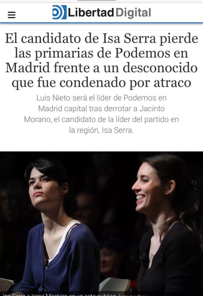 El candidato de Isa Serra -que fue condenada  a 19 meses de cárcel, a multa y a inhabilitación- pierde las primarias de Podemos Madrid frente a un desconocido...que fue condenado por atraco. 

Podemos y las condenas 🤦‍♂️

Daría risa si no fuera porque gobiernan España.