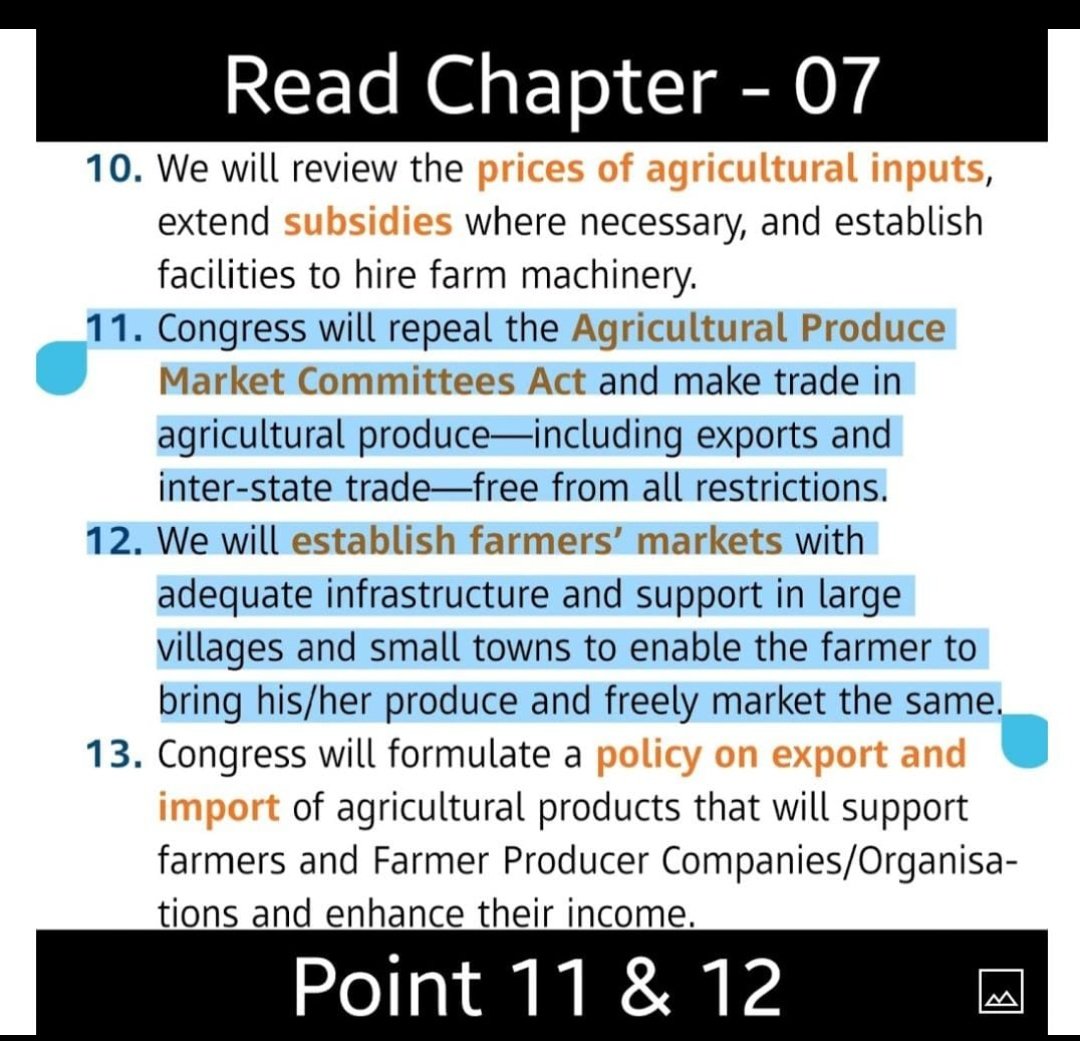 This is from Chapter 7 of the Manifesto of the  @INCIndia for the 2019 elections. Today the Congress is opposing these reforms that it has promised and ex-Congress President  @RahulGandhi has asked these farm bills to be taken back.