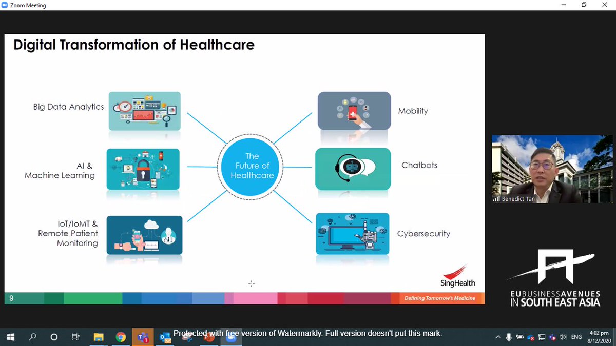 Singapore is actively exploring AI, data analytics, chatbots &amp; Internet of Medical Things in healthcare sector. Benedict Tan of SingHealth shared that robots &amp; chatbots were deployed to support healthcare workers &amp; patients, &amp; also reduce the use of PPE. #EUBizAvenues #EUGateway