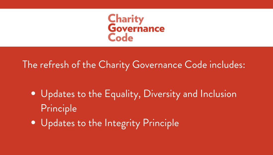charitygovcode's tweet image. Today’s the day charities have been waiting for! A refreshed version of the #CharityGovernanceCode is available to download now at charitygovernancecode.org. Find out how it can improve your charity’s #governance today. @ACEVO @AssocOfChairs @ICSA_News @NCVO @sccoalition @WCVACymru