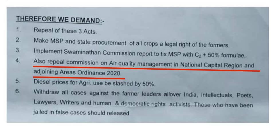 This is the official charter of demands from the  #KisanAndolan to the govt.Leaving everything aside, there is a demand for the legal right to choke Delhi and all of North India by Stubble burningWhich society can accept such demands? What does a farmer have to do with 6?
