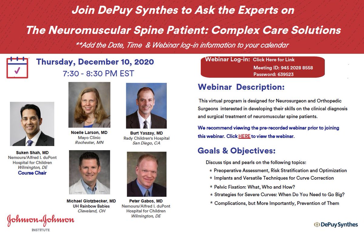 drsukenshah's tweet photo. Join us for a live Q&A webinar on neuromuscular #scoliosis this Thurs Dec 10 @ 7:30 pm EST. Tips and pearls from an expert panel for your most complex #spine patients
Zoom details below
#ICEOS #JnJ https://t.co/8nRoYRJNcD