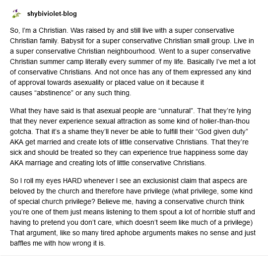 Religious institutions don't love aces. They see aces as unnatural or sinners.They want people to be straight. They want you to be sexually attracted to "the opposite gender".They don't want you to have premarital or extramarital sex, but they want you to want/have spousal sex.