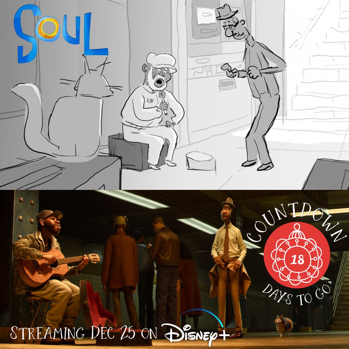 ThePixarPost's tweet photo. Only 18 more days until you can watch Soul on Disney+! What a difference years of work can make — check out how different this final scene looks from one of the early storyboards (art by Jamie Baker). #CountdownToSoul (1/2) https://t.co/Ru5A6NOn90