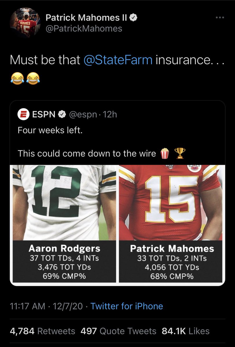 StateFarm’s partnership with Mahomes/Rodgers and consistent commercial presence make them standout from a crowded market of insurance providers. This cheeky retweet from Patrick is both well-timed and relatable. A solid example of a real, engaging, endorsement deal.