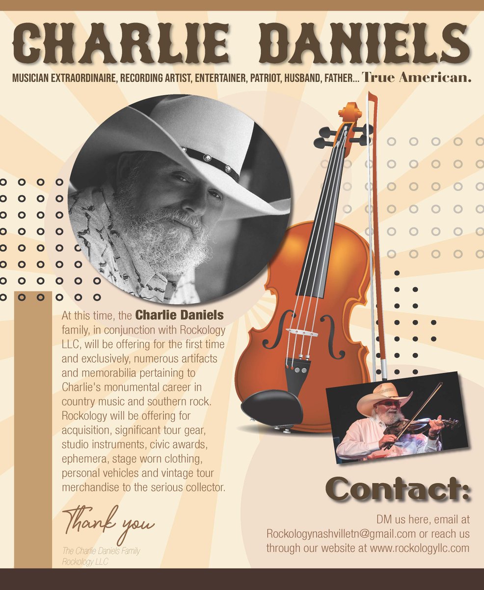 RNRPITSTOP's tweet photo. The Charlie Daniels Estate now represented by Rockology. Contact at rockologynashvilletn@gmail.com Thank you. 

#charliedaniels #countrymusic #memorabilia #autographs #tourcases #vintageconcertts #recordawards #musichistory #TheDevilWentDownToGeorgia #tourbus #bassboat #fiddle https://t.co/kdlYHY4A1R