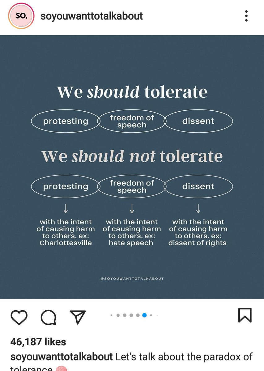 Translation: We should have to tolerate everything the Woke do. They tolerate no dissent.This isn't the Paradox of Tolerance. It's Marcuse's Repressive Tolerance. https://www.instagram.com/p/CH-eV_nnPLs/?igshid=1hx3g2jmlzunp