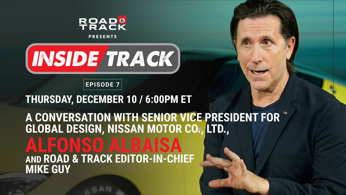 Alfonso Albaisa, head of global design at #Nissan, will be speaking with <a href="/RoadandTrack/">Road & Track</a> about the Nissan #ZProto and the future of automotive design. Tune in at 6 p.m. EST on Dec. 10 (8 a.m. JST on Dec. 11). Register here: experiences.roadandtrack.com/inside-track #PowerofZ