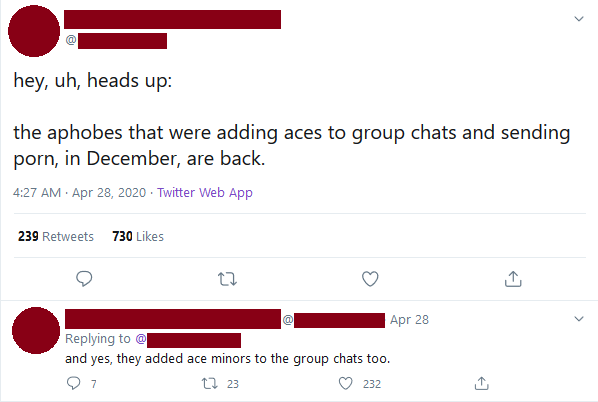 On top of all those things, aces also get the "meanies saying mean things" like anonymously telling aces to kill themselves & harassing them on social media.It would be bad enough, if this really were the only thing that happened to aces, but it's just the icing on the cake.