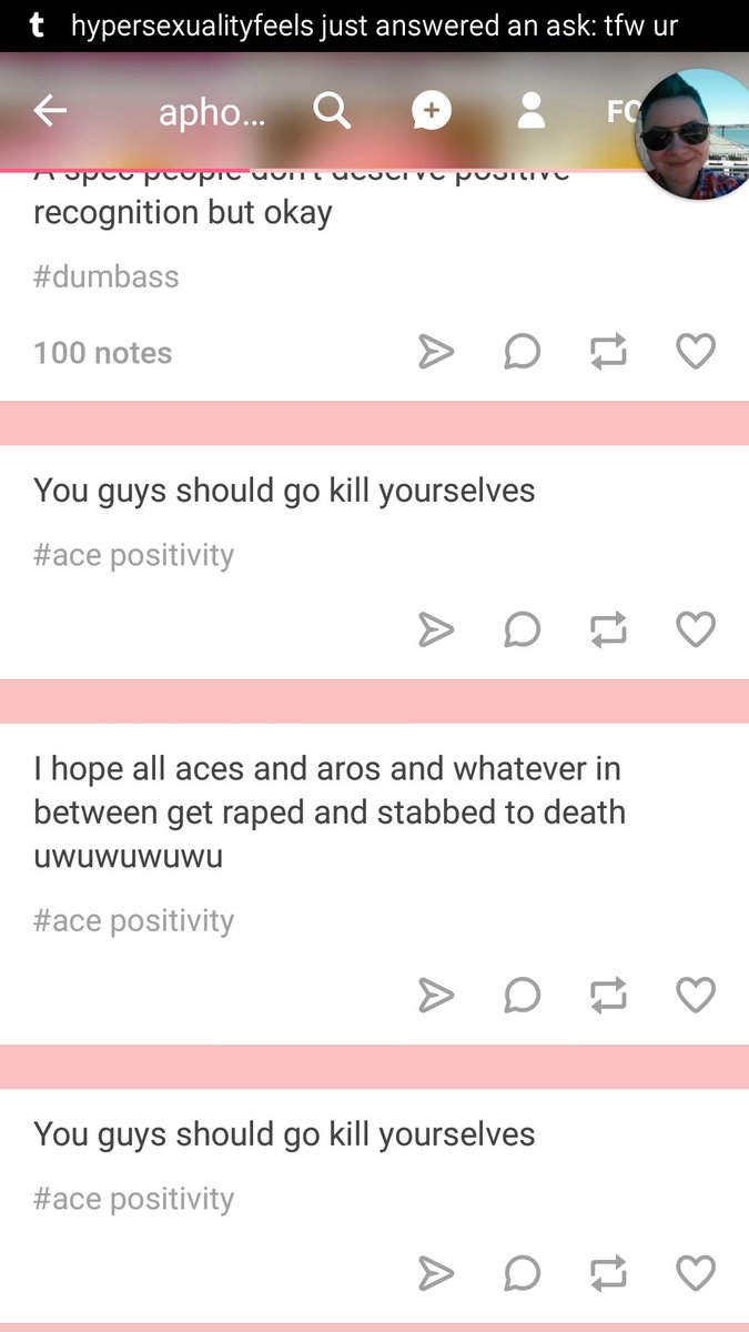 On top of all those things, aces also get the "meanies saying mean things" like anonymously telling aces to kill themselves & harassing them on social media.It would be bad enough, if this really were the only thing that happened to aces, but it's just the icing on the cake.