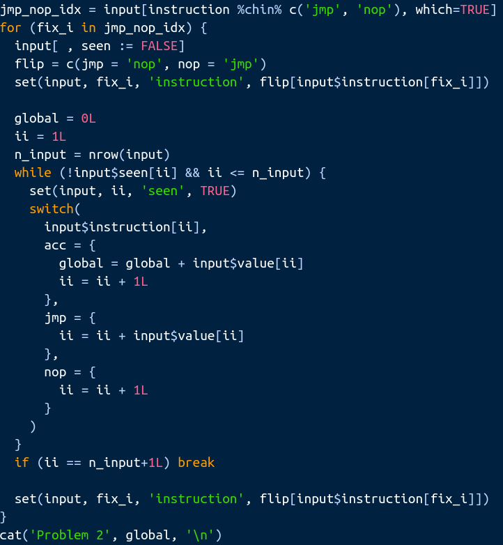 michael_chirico's tweet image. #rstats #adventofcode2020 today is pretty much a showcase for switch()? I used #rdatatable to tidy things up a bit. Showing off tstrsplit(), set(), %chin% for good measure.
Explanation screenshots in follow-up