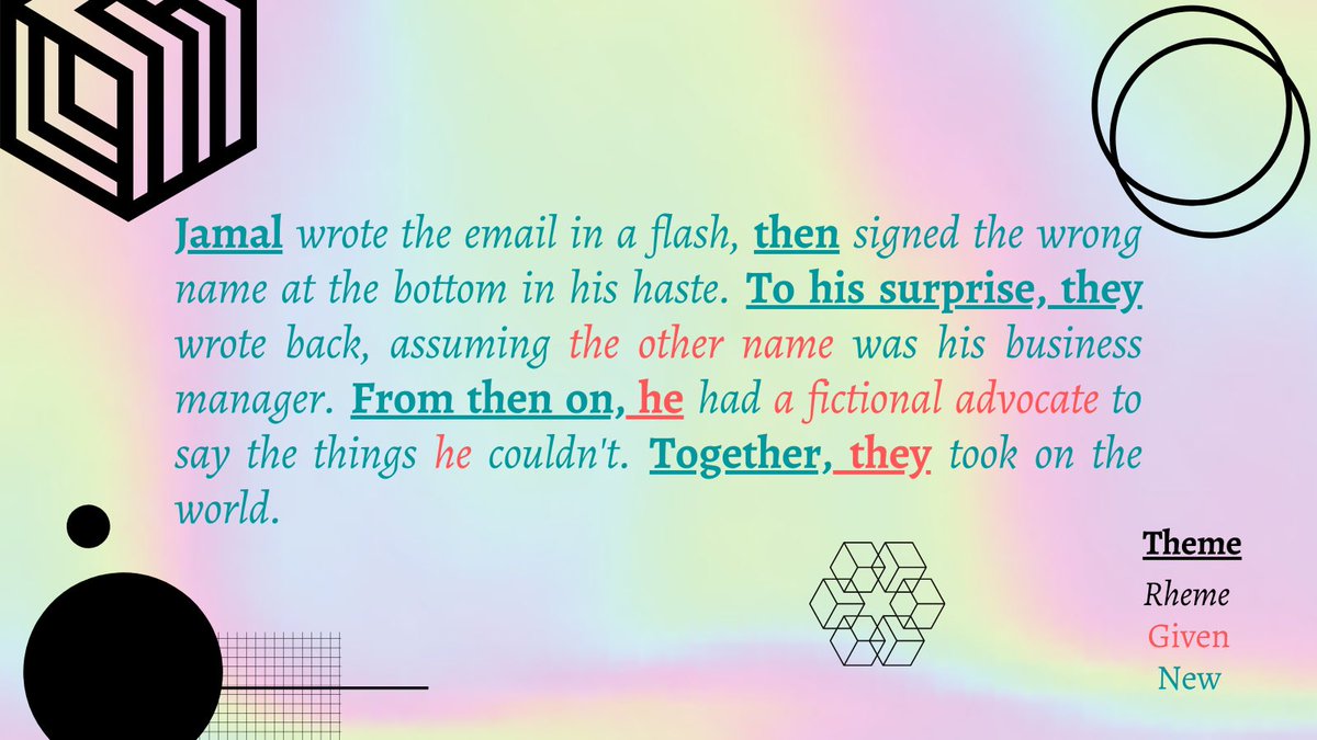 GrammarPills's tweet image. #TSIS Let’s take a look to this analysis of #thematicstructure and #informationstructure. We found 1 #unmarked and 4 #marked themes. There are also 5 #given elements, but as usual, almost of all the information is #new. We noticed as well the use of #reference several times.