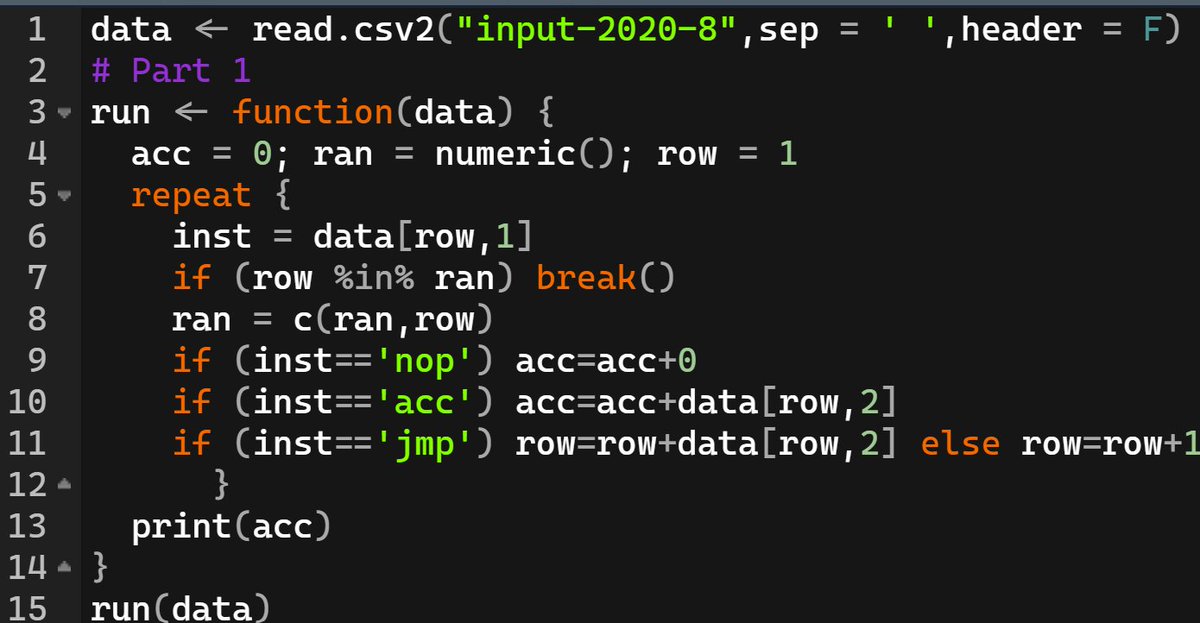 cortinah's tweet image. My #rstats solution to Day 8 of #adventofcode2020 
 @drob