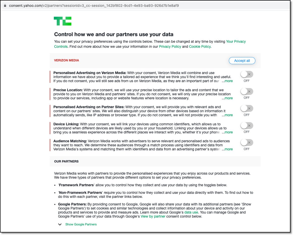 Selecting 'I Agree' = the feast of the  #DataVampiresSo, 'Manage Settings' (innocuous sound choice that doesn't reveal the depth pf tracking that lies beneath)Good to see 'consent' defaults set to OFF.BUT 