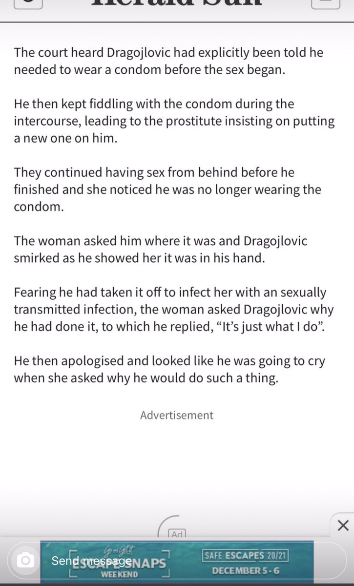 Here’s what happened. Michael Dragojlovic went into a brothel with the intent of raping a sex worker. My friend was the unfortunate victim. He stealthed her and when she confronted him, he said:‘That’s just what I do to prostitutes.’