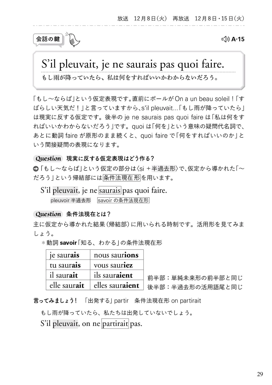 崎山正克 The Red Yes You Can Remake On Twitter Quoi Faire 何をすればいいのか 間接疑問の表現 現実に反する仮定表現 もし ならば Si 半過去形 仮定から導かれた だろう という帰結部 条件法現在形 S Il Pleuvait Pleuvoir 半過去形