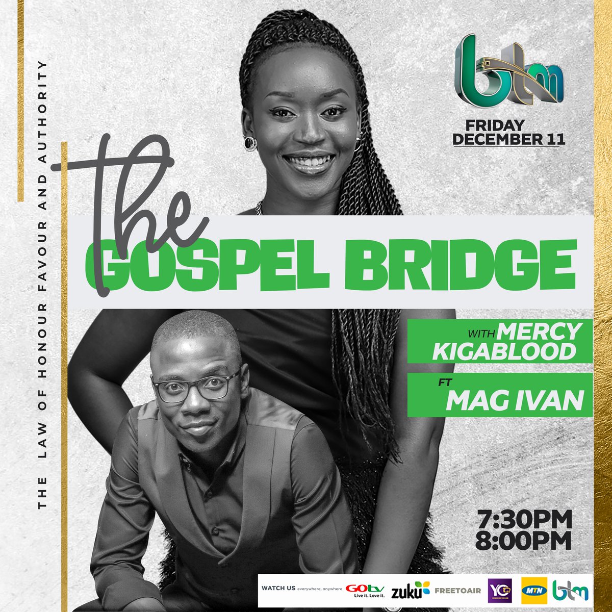 This Friday 7:30pm on the <a href="/gospelbridge/">Gospelbridge show</a> We shall be hosting the Milele na Milele ( youtu.be/y4tMAwim4Ig ) Hit maker @magivan1 ... 

Dont miss his performance and abouts with <a href="/AtwongyeireM/">Mercykigablood</a>

#gospelbridgeshow
#mercykigablood
#BTMTV
#magivan
#mahafilmsproduction20