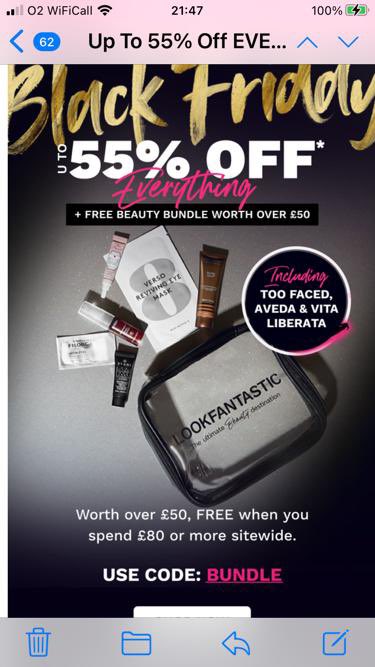 Awkscroft's tweet photo. @cicisongz @LookfantasticCS Same here ! My friend ordered £200 worth of things and used code BUNDLE at checkout which was supposed to give a free gift worth £50 and that was not in the delivery? She received an email to say the offer can’t be used in conjunction with other offers but it was Black Friday? https://t.co/nRaFEfNHpc