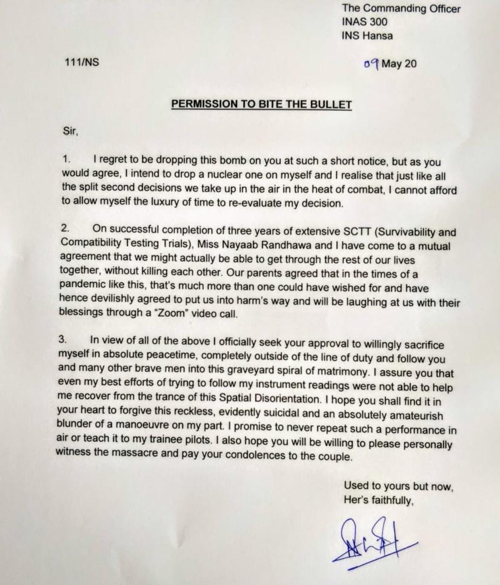 srijanpalsingh's tweet photo. Body of MiG-29K pilot, Commander Nishant Singh has been located in the Arabian Sea, 11-days after his jet went down

He got married in May this year &amp; here is his famous letter "Permission To Bite The Bullet".

(1/2)
(Continued in reply) https://t.co/3ZpwxWouwK