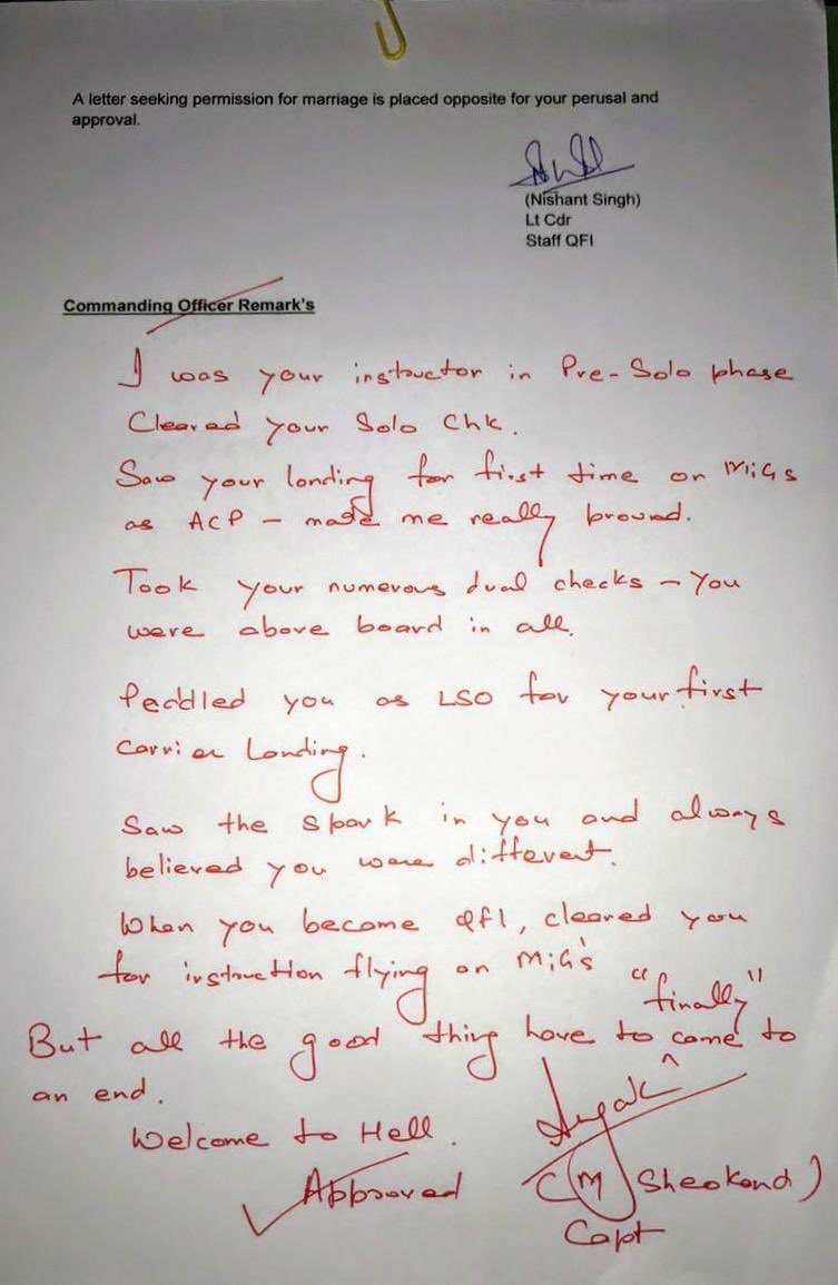 srijanpalsingh's tweet photo. Body of MiG-29K pilot, Commander Nishant Singh has been located in the Arabian Sea, 11-days after his jet went down

He got married in May this year &amp; here is his famous letter "Permission To Bite The Bullet".

(1/2)
(Continued in reply) https://t.co/3ZpwxWouwK