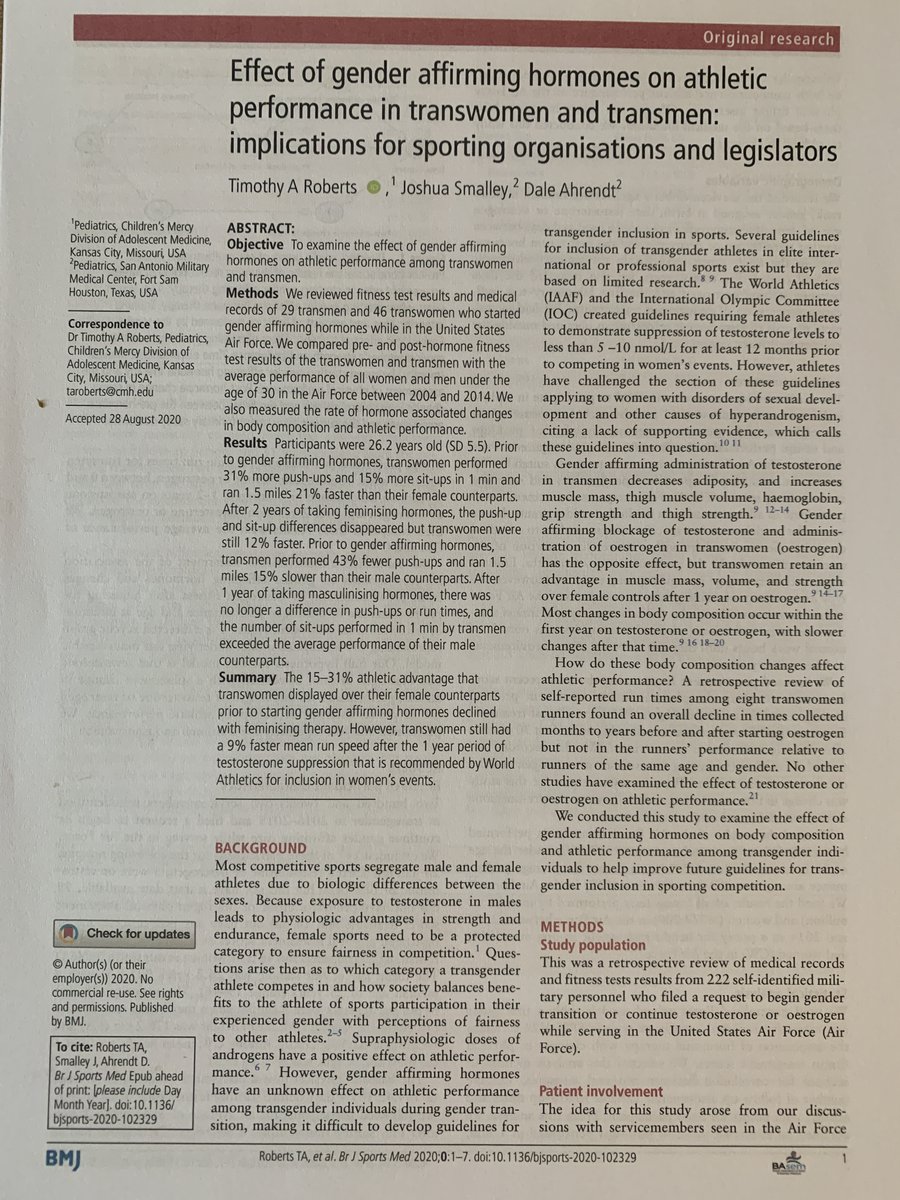 New study on transgender & performance. The paper’s title could've been “Significant endurance & strength-endurance advantages are retained for up to 2 years despite T reduction in TW: Implications for the assumptions of fairness in current policies”. Some thoughts to follow