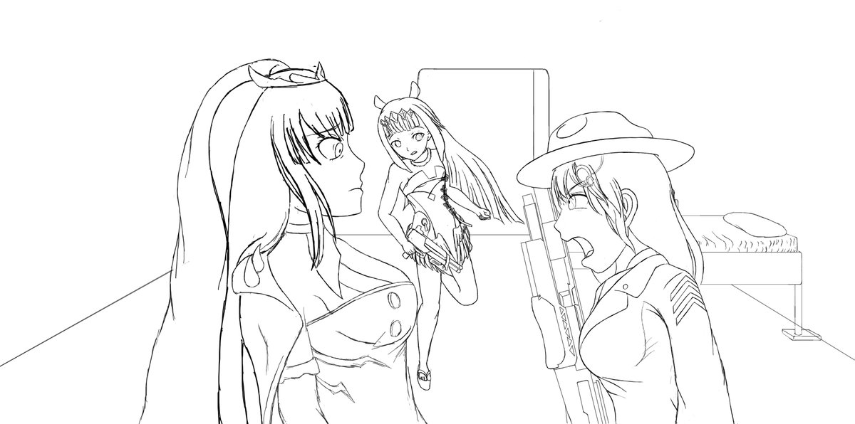 DeltaCore8's tweet photo. When I found out that @moricalliope and @ninomaeinanis had been doing Lets plays of FPSes while admitting neither of them were too skilled in the genre. Having recalled that @watsonameliaEN Was already a proficient FPS gamer.
I started drawing this. Will update with colors later https://t.co/Ifie0v8OpG