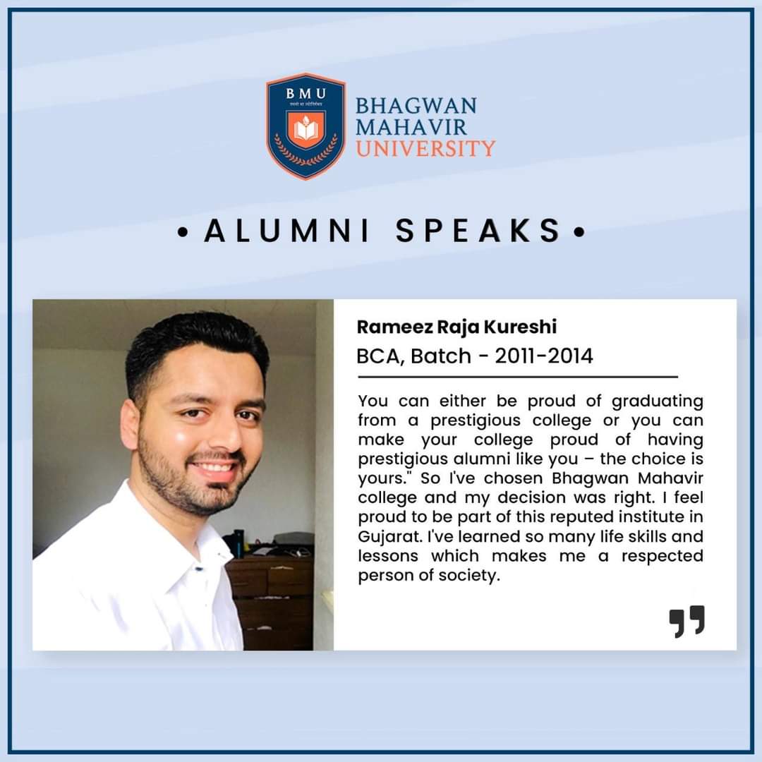 bmusurat's tweet photo. Alumni Speaks

Success story and experience of our alumni help us grow and develop the career of students in a more improvised manner.
#feedbacks #testimonials #improvement #alumni #alumnispeaks #bmusurat #bmu #bmef #bestuniversityinsurat #bmuian #bmureviews #bmusurat #msc https://t.co/SUVdQbrwpt