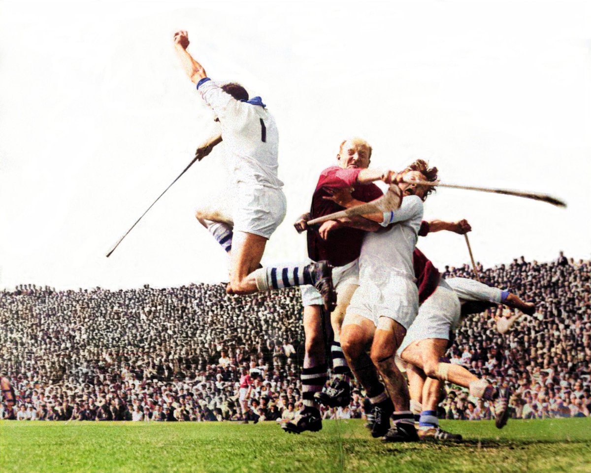 Fortune Favours the Brave! 

The iconic photo Goalmouth ‘shamozzle’ colourised. 
Ned Power saves despite close attention of Christy Ring. One of the greatest sports pictures ever taken!  

Thurles, 1962 Cork and Waterford <a href="/OfficialCorkGAA/">Cork GAA</a> <a href="/CloyneGaa/">Cloyne Gaa</a> #Waterford #Cork #GAA #Deise