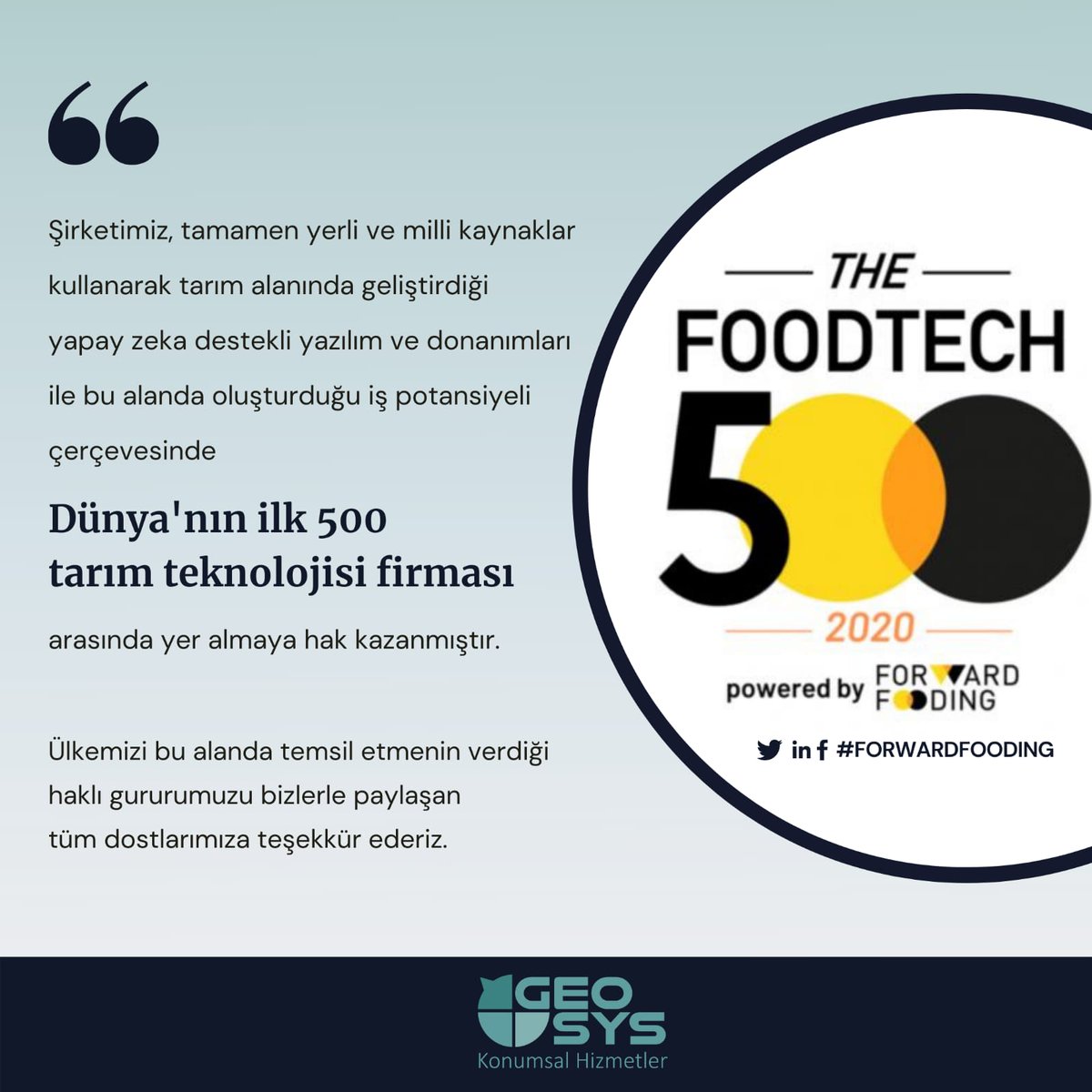 #ForwardFooding #FoodTech2020 #GeosysTR #ODTÜTeknokent #TarımveOrmanBakanlığı #TAGEM #TİGEM #targisvra #TKDK #TUBİTAK #hassastarim #akıllıtarım #yerlivemilli #tarımsalARGE #yapayzeka #precisionagriculture #smartfarming #smartagriculture #agtech #AI #sustainableagriculture