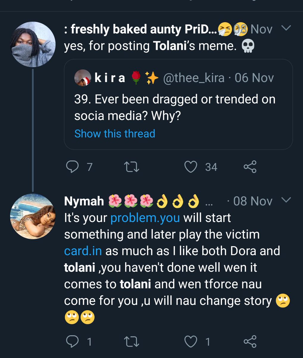 He who comes to equity must come with clean hands, if you are going to play the card you better be sure you/ your associates aren’t guilty of it if not just ignore. Dora's fan have been body shaming Tolani, calling her skin dirty, saying she's structured like a man.