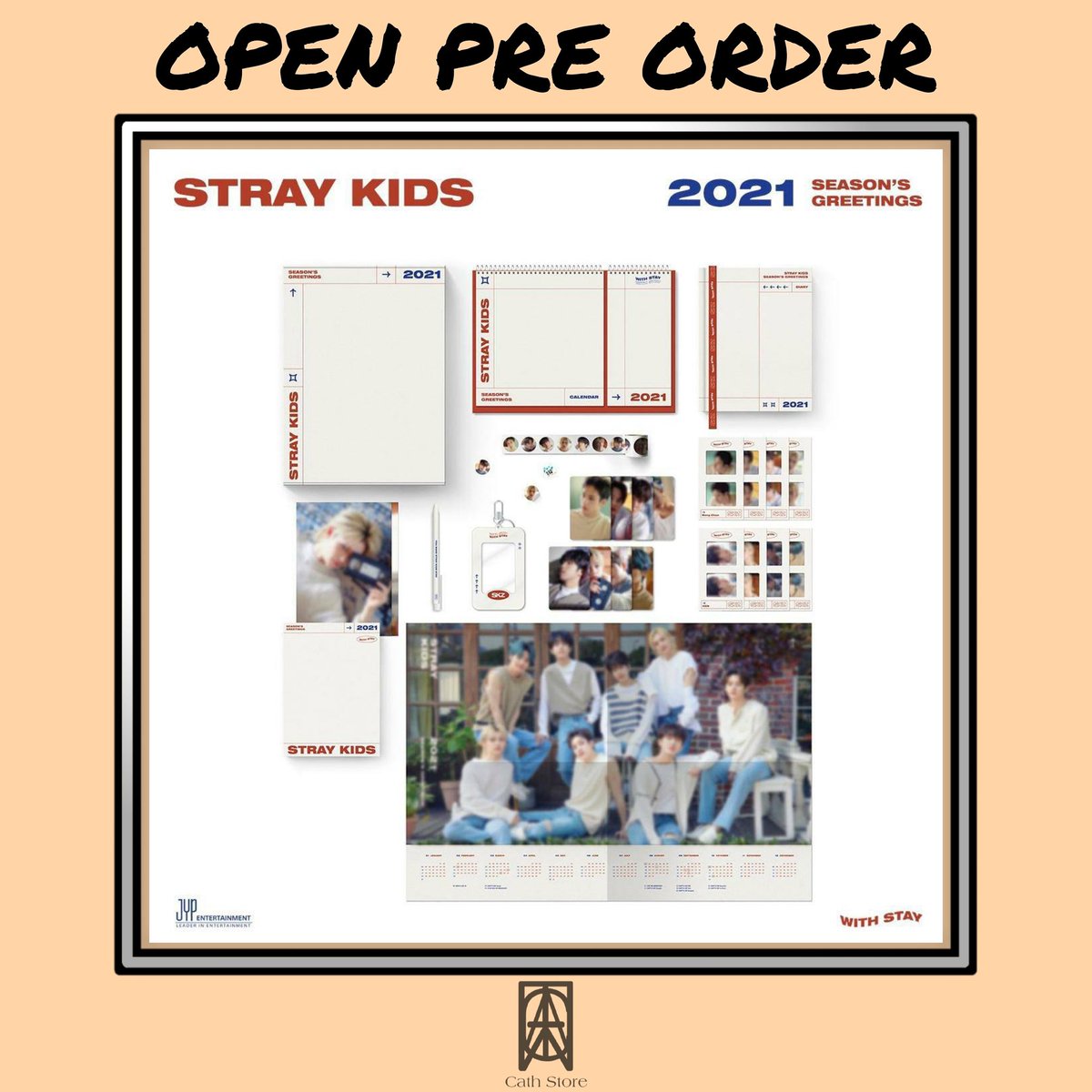 kpopcathstore's tweet photo. OPEN PO SEASON'S GREETINGS STRAY KIDS

💰 610k (DP 350k)
💳 OVO, DANA, BCA
📍 Jakarta Timur
✅EMS+TAX
✅Pelunasan via Shopee

Detail :
-Package
-Calendar
-Diary 1ea
-Inner Left
-Photocard Set 
-Postcard Book 1ea
-Photocard Case 1ea
-Roll Sticker 1ea
-Ball Pen
-Bookmark Set https://t.co/D5kNMYCksA