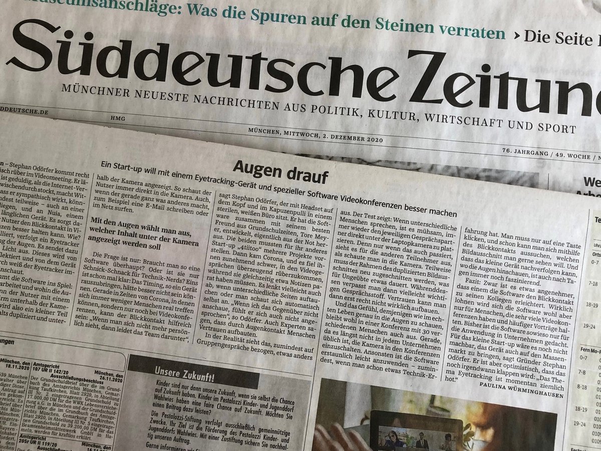 "Augen drauf" - die Süddeutsche Zeitung nimmt NUIA Full Focus in Augenschein! bit.ly/2VRB692 #RemoteMeeting #RemoteSelling #Blickkontakt #MicrosoftTeams #Zoom