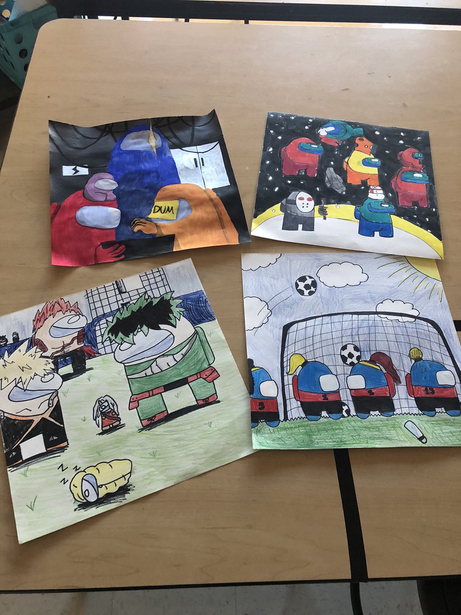 MelindaHodgkiss's tweet photo. Art is Among Us! Students in Mrs. Cox’s class studied color schemes by designing their own Among Us crew and backgrounds. @SMSIWCS @IWCSchools #AmongUs #PantherSharp https://t.co/AElBCuttAr