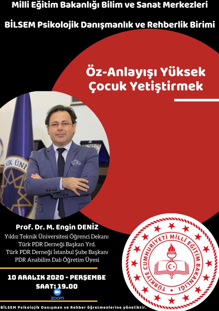 MEB Bilsem psikolojik danışman ve rehber öğretmenlerimiz için 10 Aralık 2020 Perşembe günü saat 19.00’da Prof. Dr. Mehmet Engin Deniz <a href="/mengindeniz/">Prof. Dr. Mehmet Engin DENİZ</a> tarafından “Öz Anlayışı Yüksek Çocuk Yetiştirmek” konulu çevrimiçi eğitim verilecektir. @BilsemMeb <a href="/mramazanbarin/">Ramazan Barın</a>